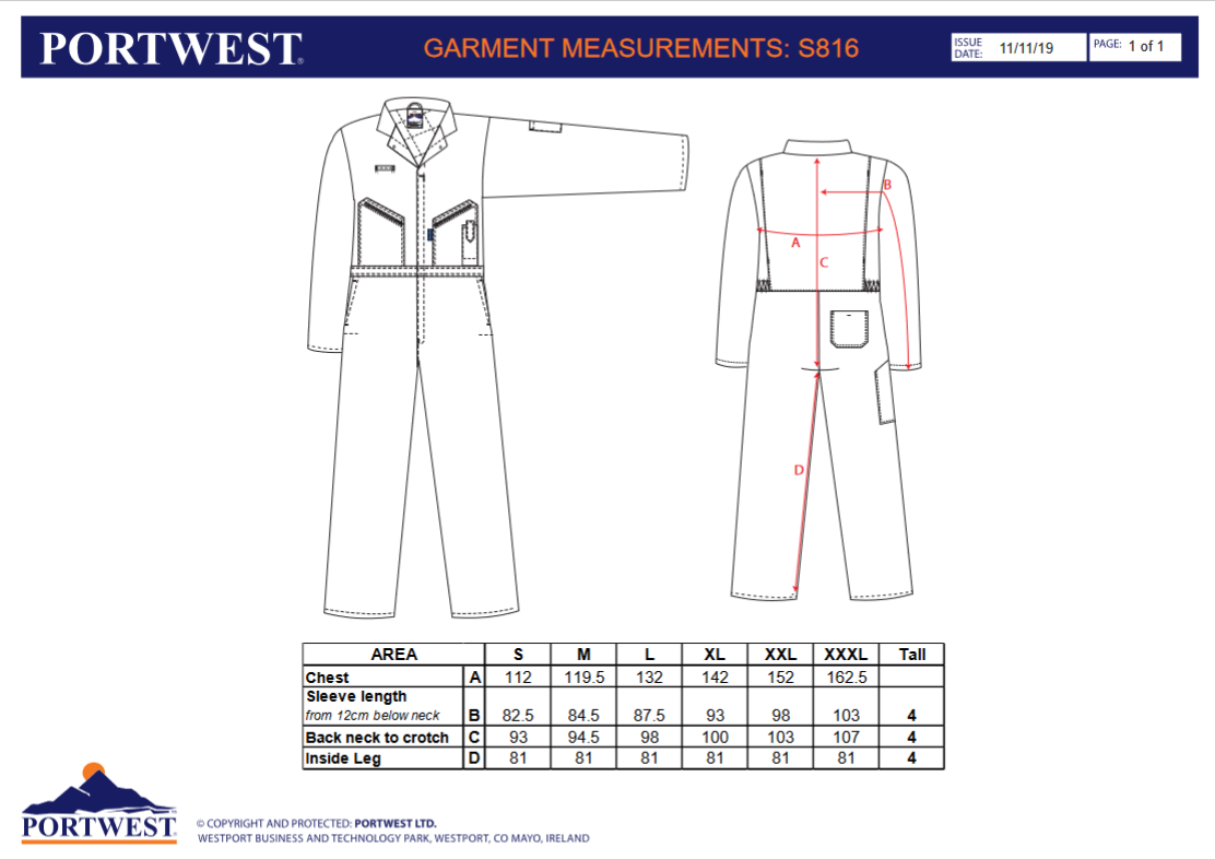 S816 Portwest® Insulated Coveralls - size guide